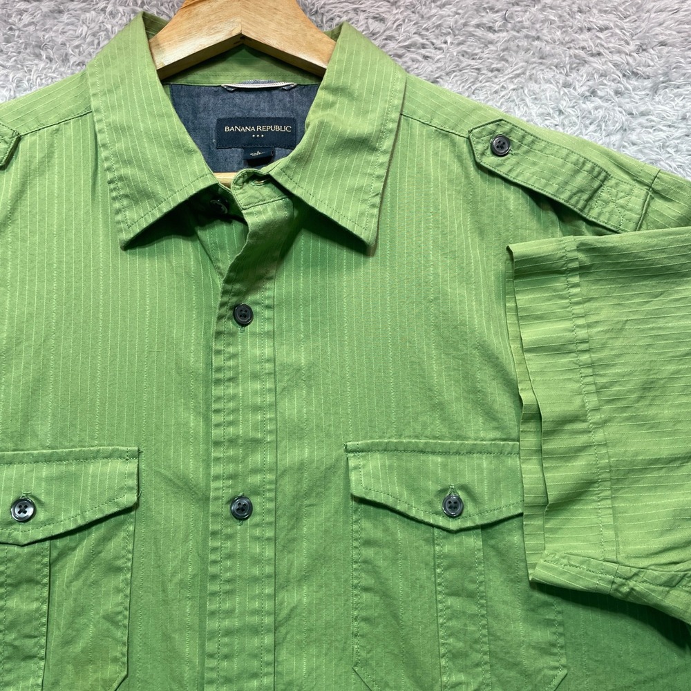 Banana Republic Mens Green Striped Short Sleeve Utility Button Down Shirt Large